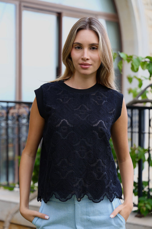 Black Textured Lace Top