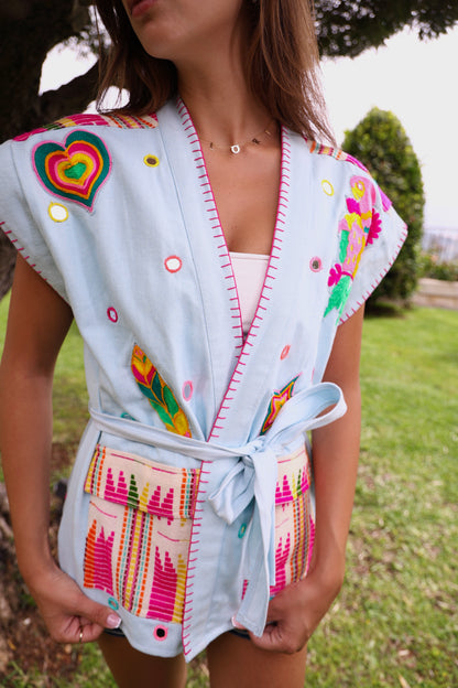 Pastel Embroidered Belted Vest