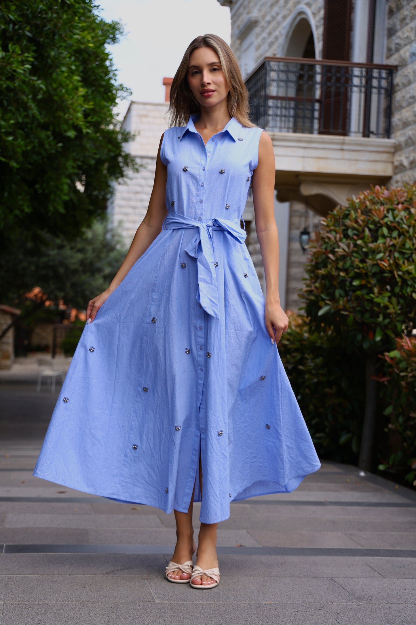 Sky Blue Embellished Shirt Dress