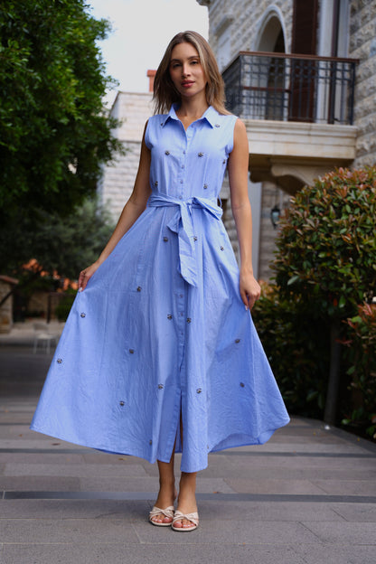 Sky Blue Embellished Shirt Dress
