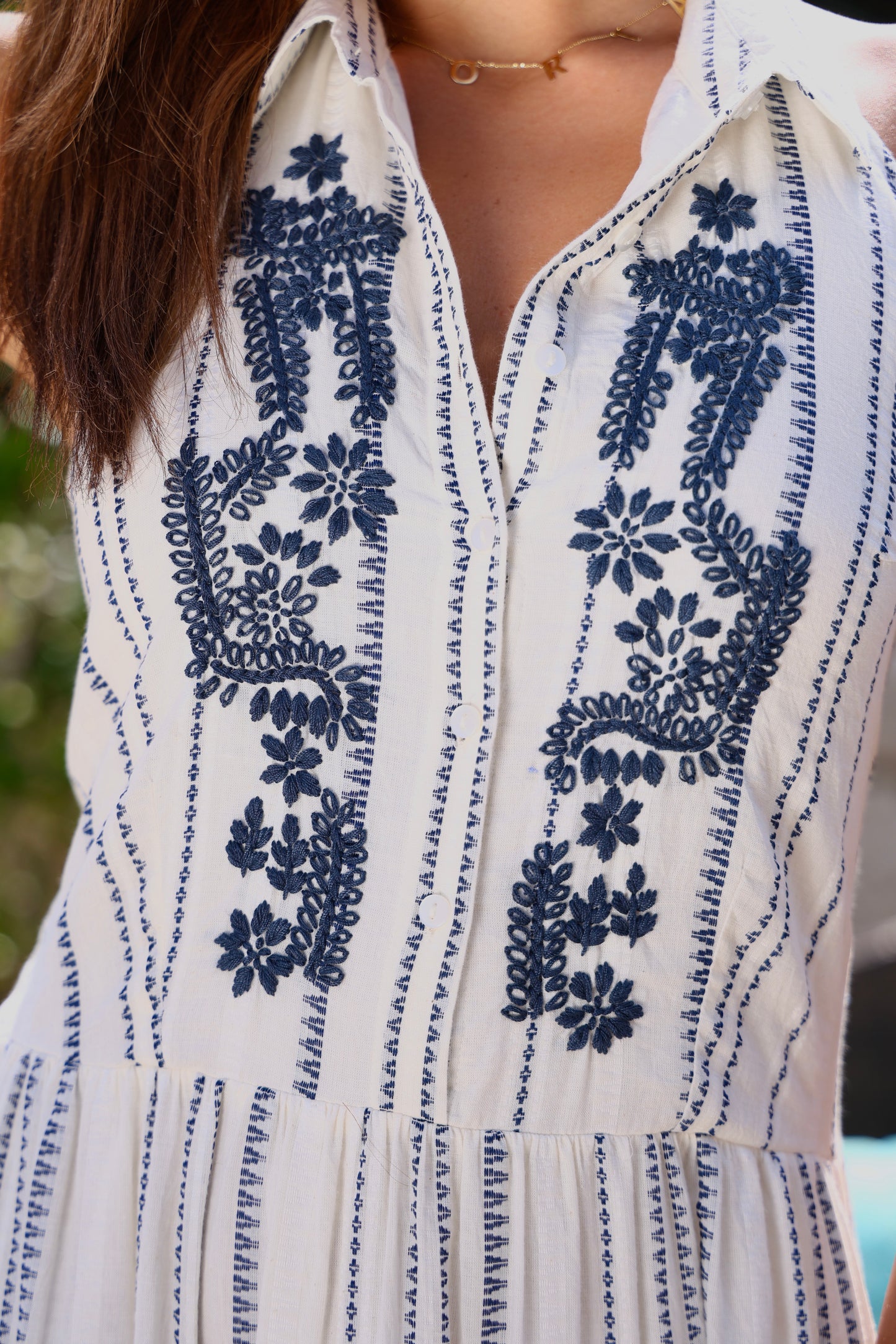 White & Navy Embroidered Maxi Dress