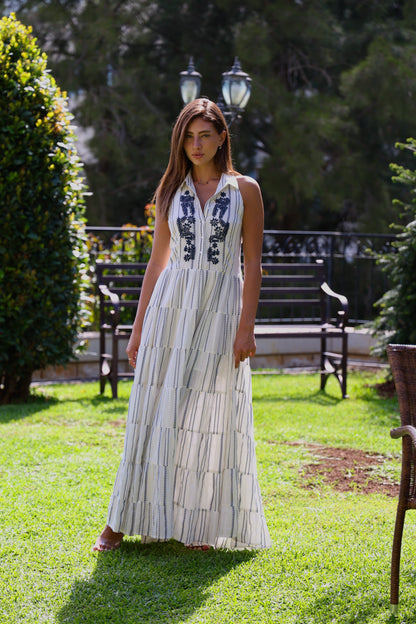 White & Navy Embroidered Maxi Dress