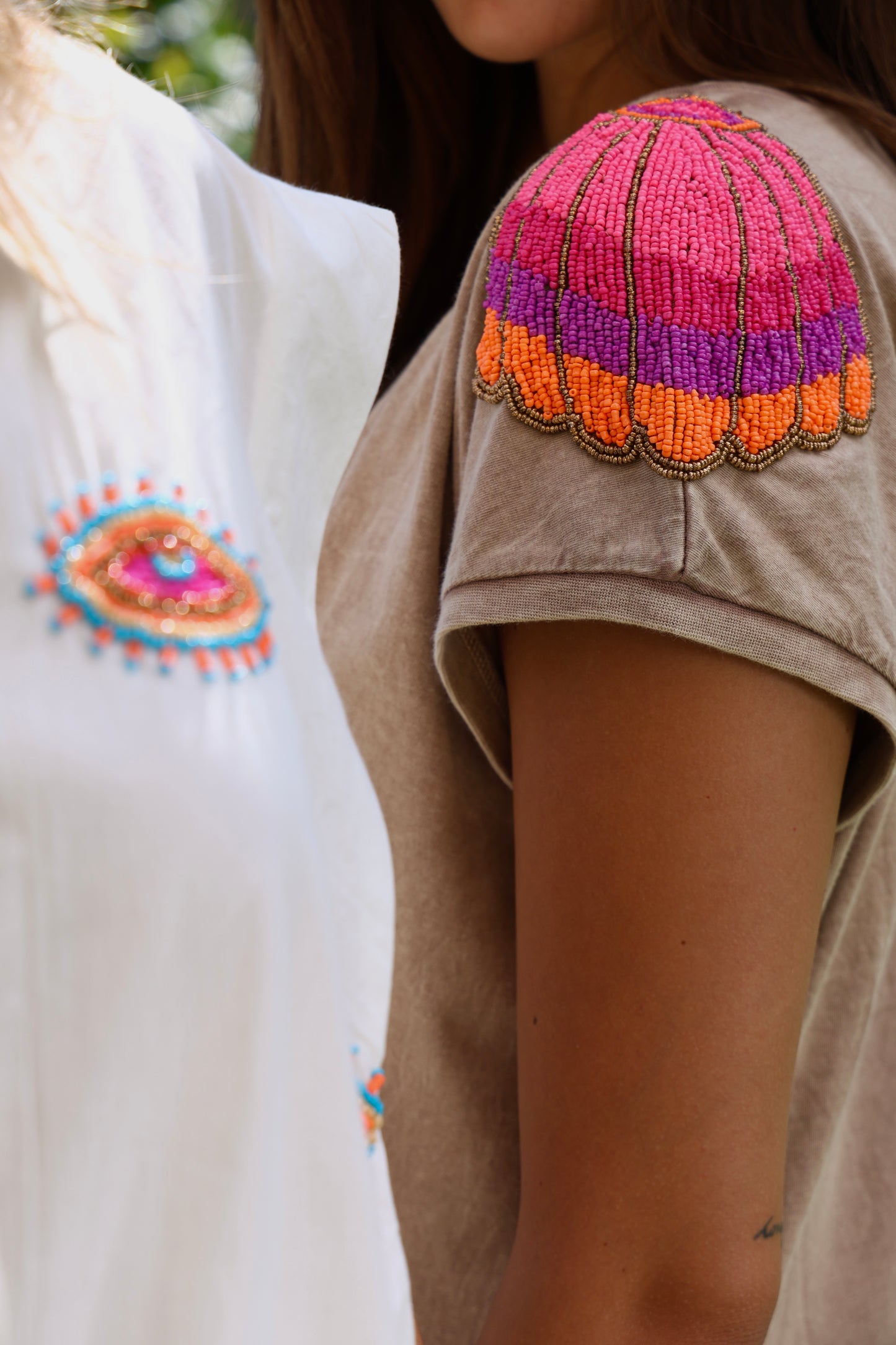 Camel Beaded Shoulder Tee