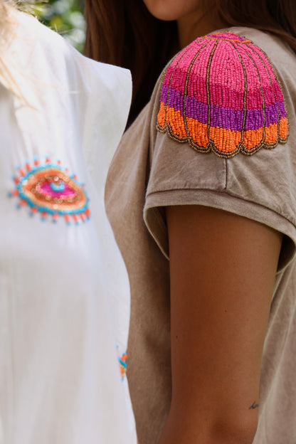 Camel Beaded Shoulder Tee