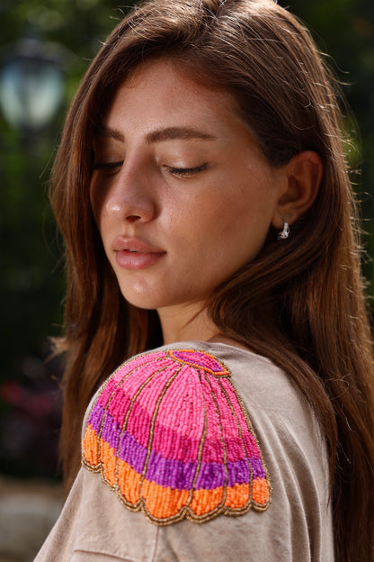 Camel Beaded Shoulder Tee