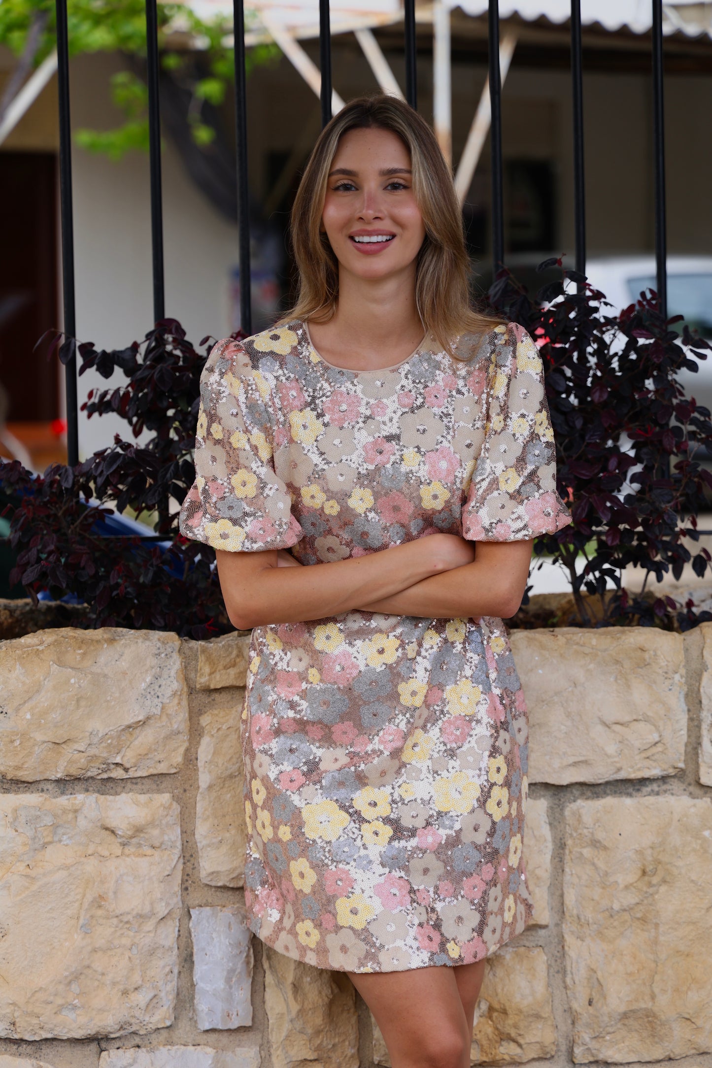 Pastel Floral Sequin Mini Dress