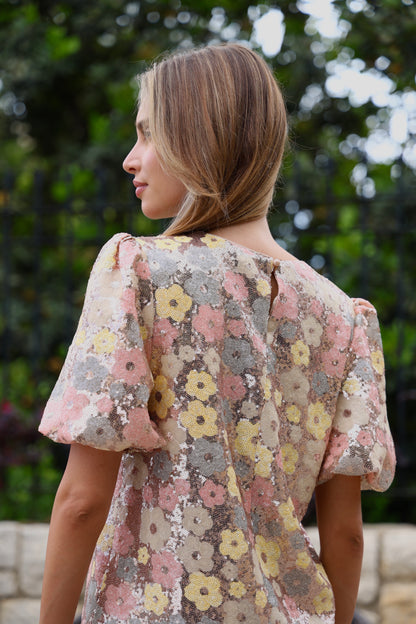 Pastel Floral Sequin Mini Dress