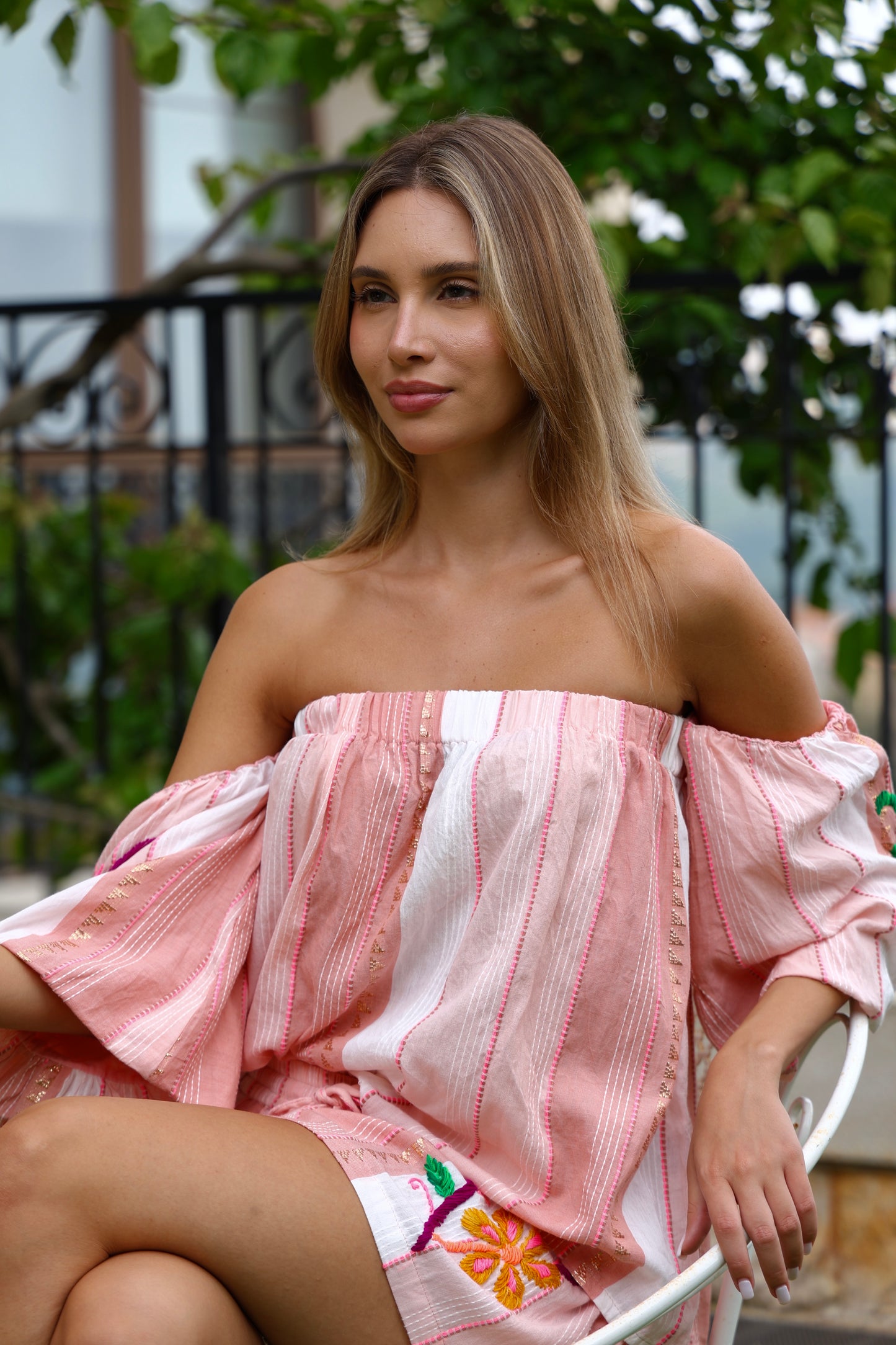 Pink Embroidered Off-Shoulder Set