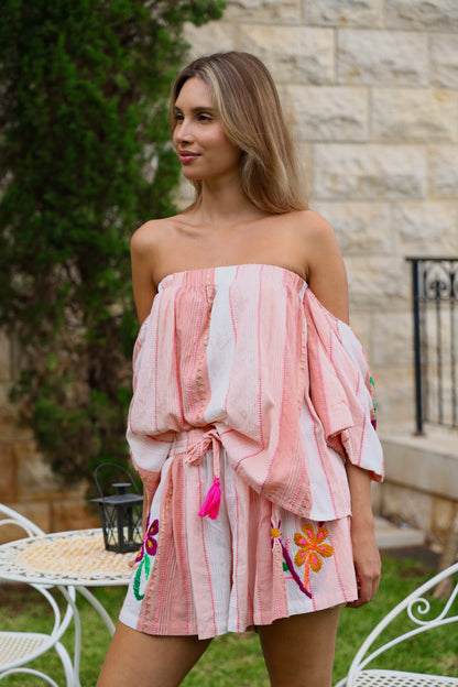 Pink Embroidered Off-Shoulder Set