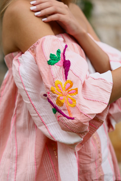 Pink Embroidered Off-Shoulder Set