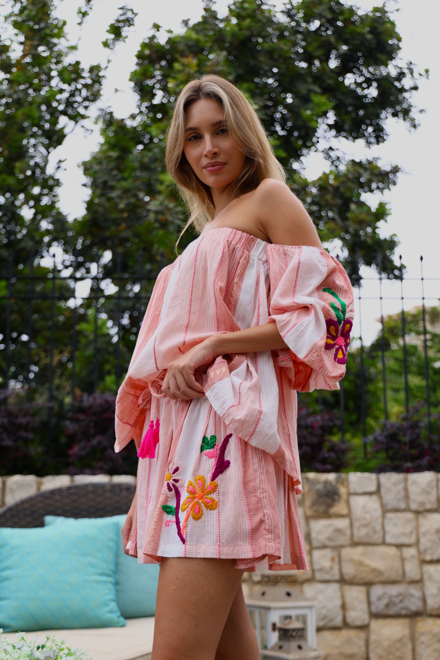 Pink Embroidered Off-Shoulder Set
