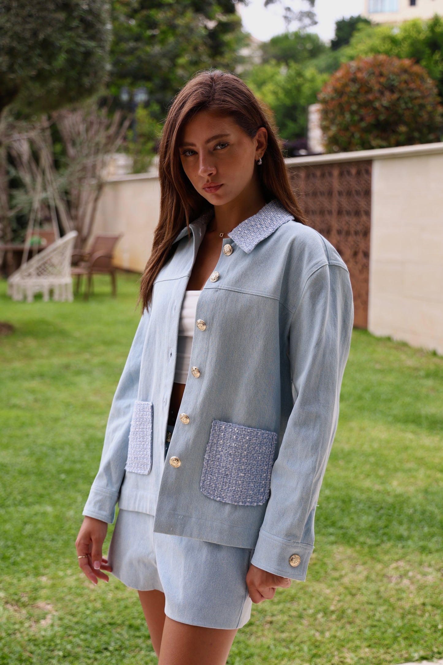 Light Blue Tweed-Trim Co-Ord Set