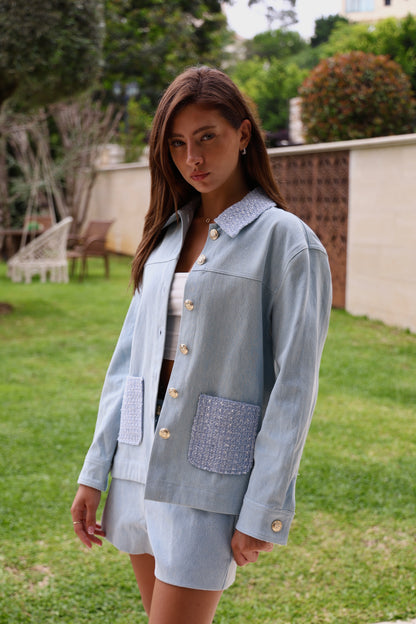 Light Blue Tweed-Trim Co-Ord Set