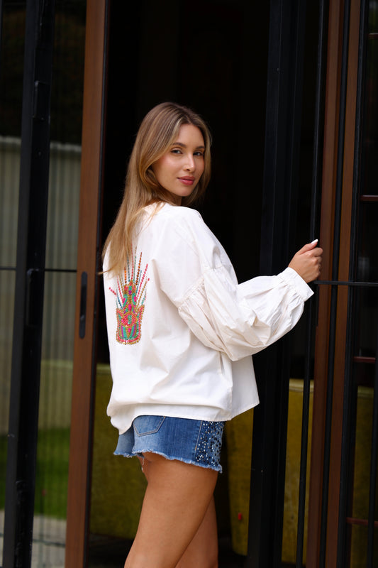 Off White Embellished Balloon-Sleeve Blouse