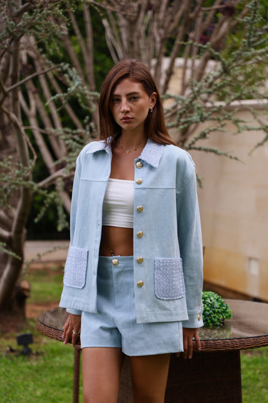 Light Blue Tweed-Trim Co-Ord Set