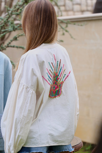 Off White Embellished Balloon-Sleeve Blouse