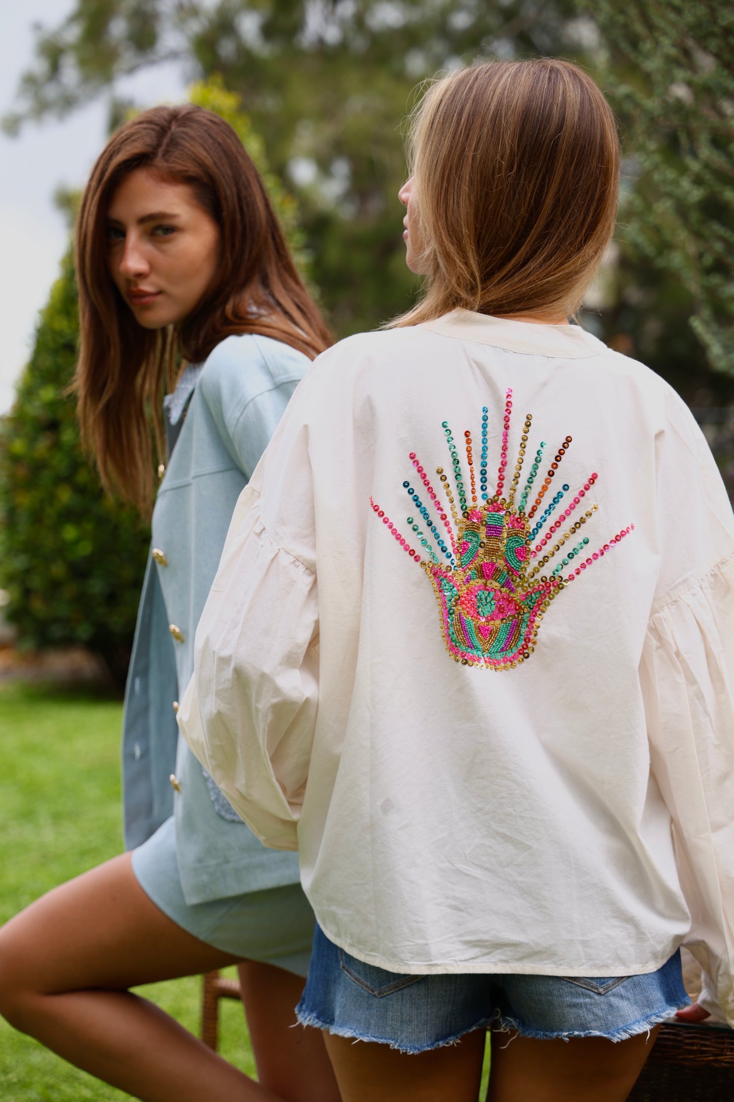 Off White Embellished Balloon-Sleeve Blouse