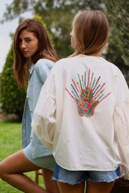 Off White Embellished Balloon-Sleeve Blouse
