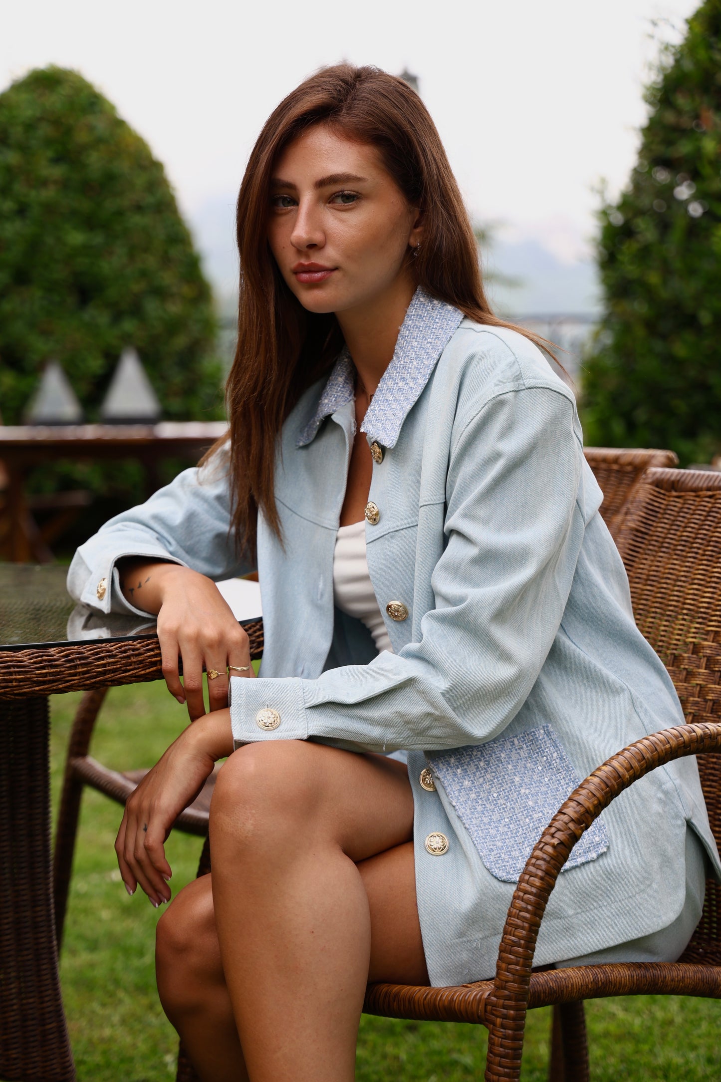 Light Blue Tweed-Trim Co-Ord Set