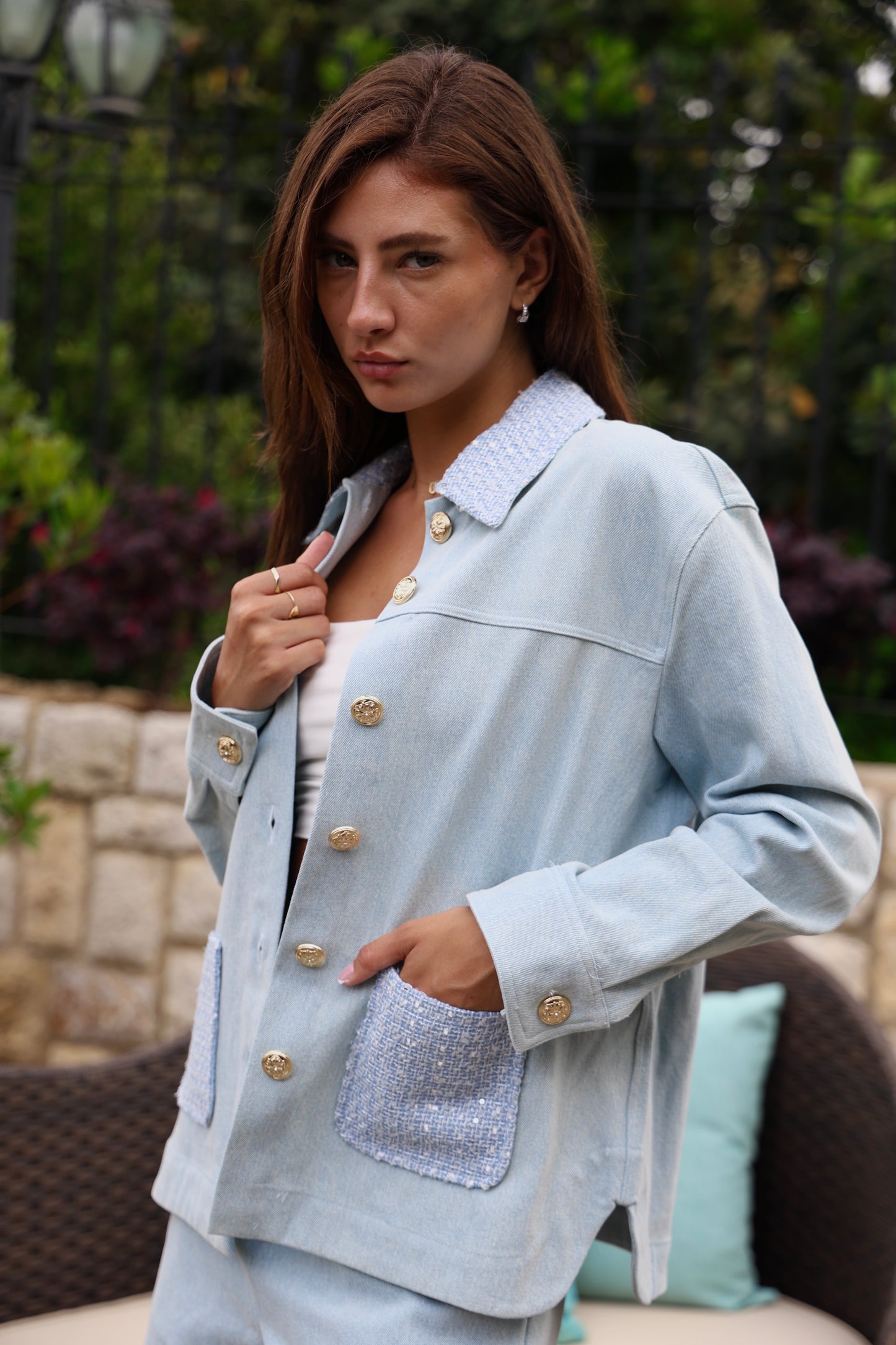 Light Blue Tweed-Trim Co-Ord Set
