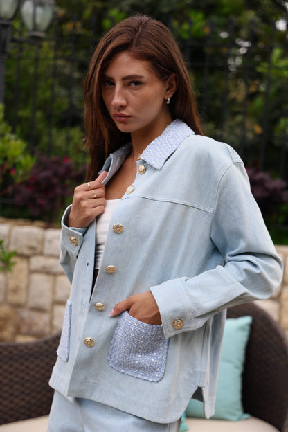 Light Blue Tweed-Trim Co-Ord Set