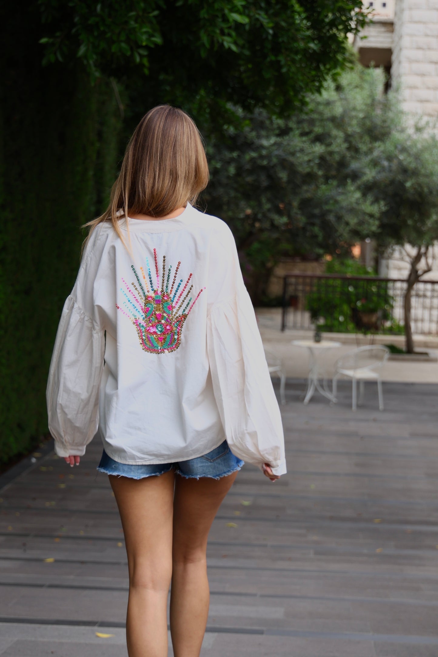Off White Embellished Balloon-Sleeve Blouse