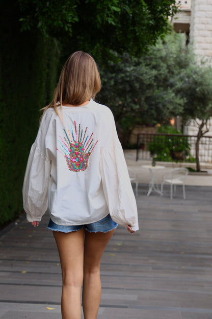Off White Embellished Balloon-Sleeve Blouse