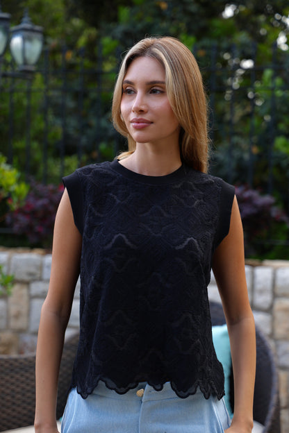 Black Textured Lace Top