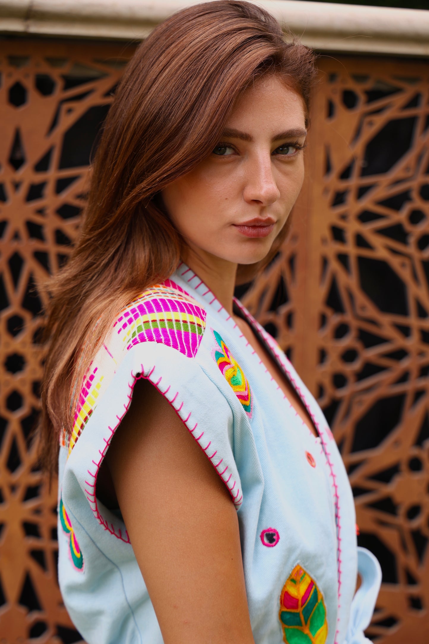 Pastel Embroidered Belted Vest
