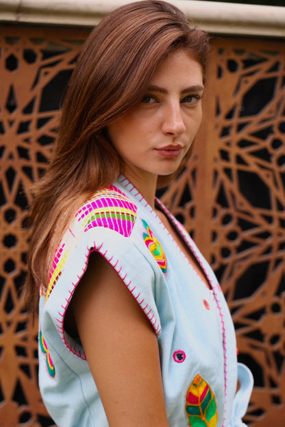 Pastel Embroidered Belted Vest