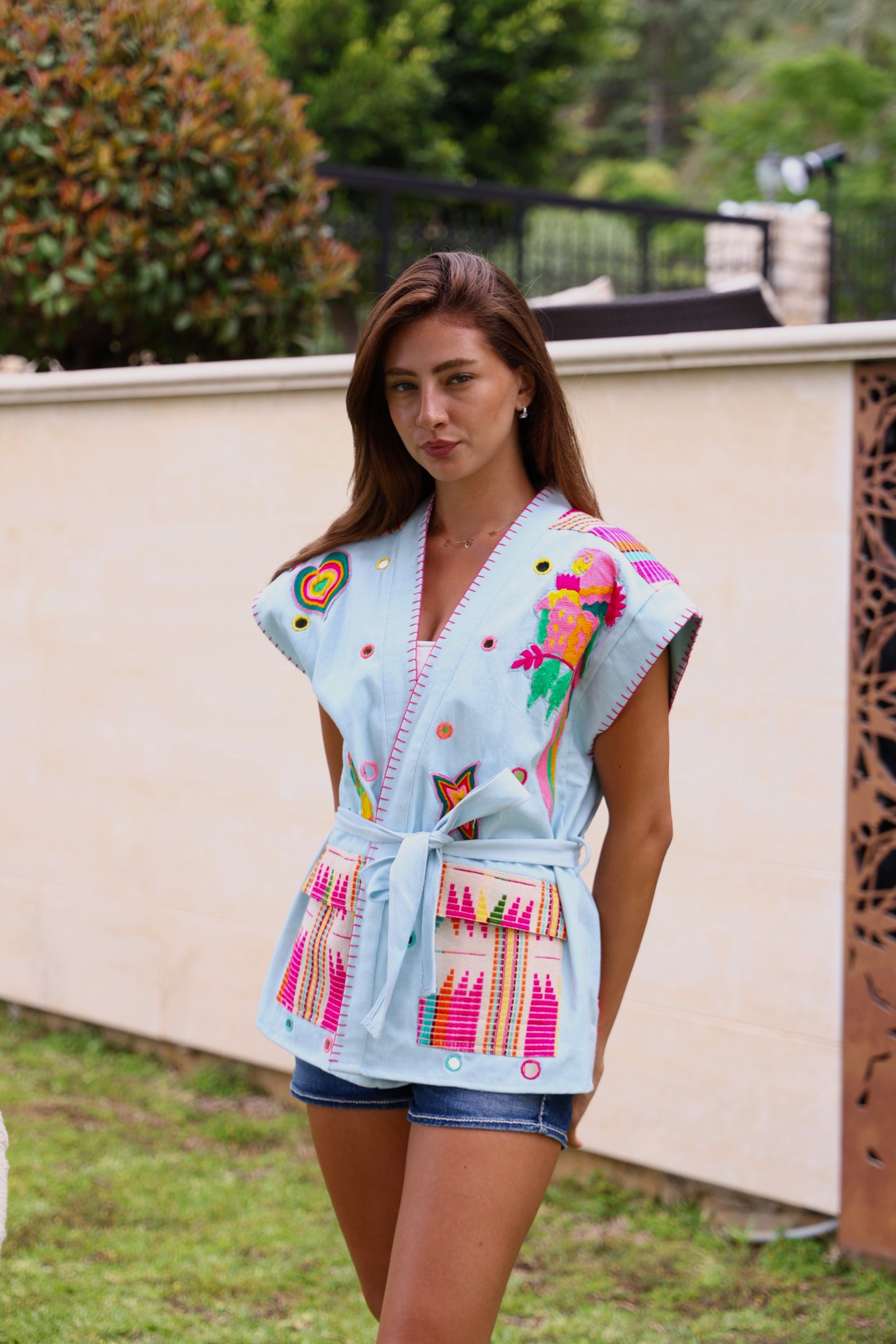 Pastel Embroidered Belted Vest