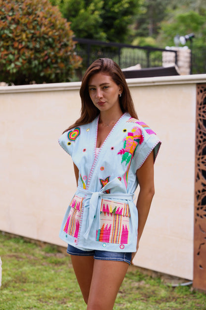 Pastel Embroidered Belted Vest