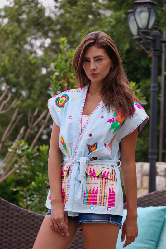 Pastel Embroidered Belted Vest